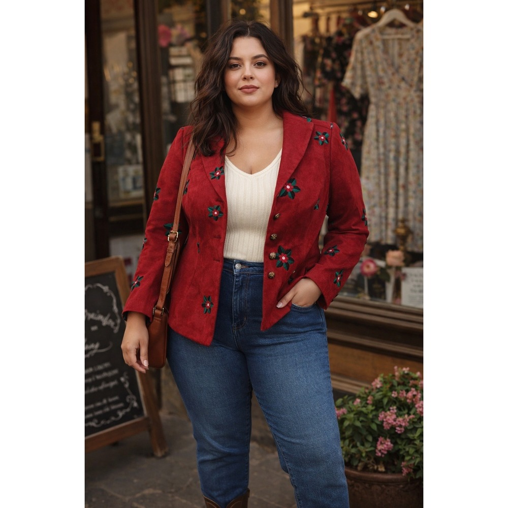 Collectif Vintage embroidered floral jacket size XL / US 14 red‎ folk art blazer